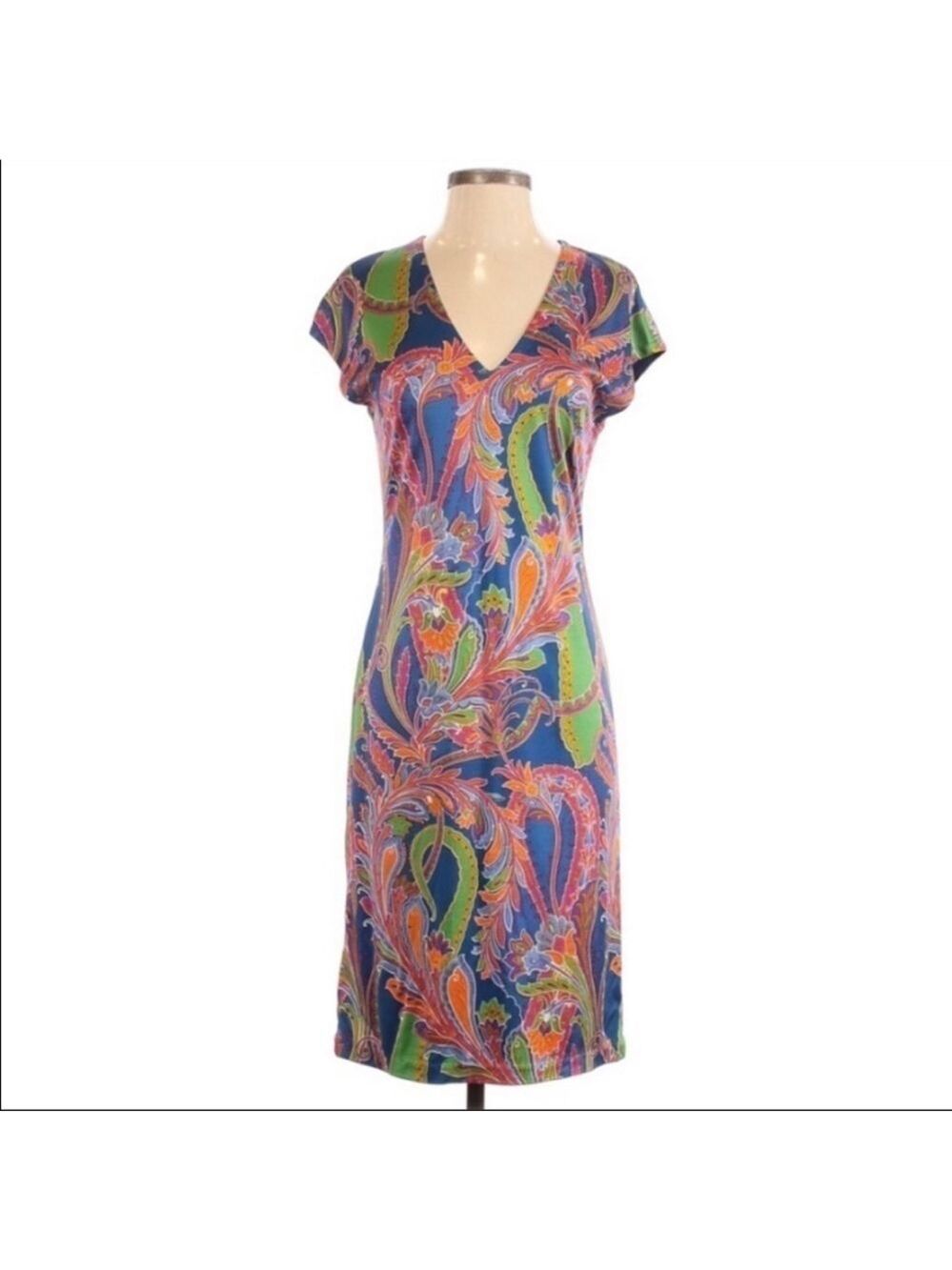 Ralph Lauren Black Label Silk Jersey Multicolor Paisley Print Sheath Dress Sz 4